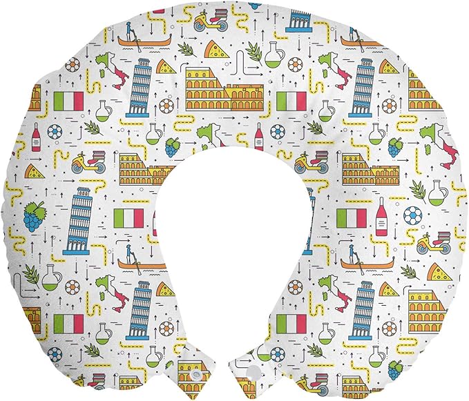 Ambesonne Italy Travel Pillow Neck Rest, Italian Symbols Historical Places Famous Foods and Tricolor Flag Art Print, Memory Foam Traveling Accessory for Airplane and Car, 12", White Blue