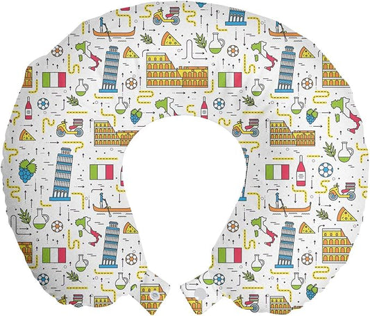 Ambesonne Italy Travel Pillow Neck Rest, Italian Symbols Historical Places Famous Foods and Tricolor Flag Art Print, Memory Foam Traveling Accessory for Airplane and Car, 12", White Blue