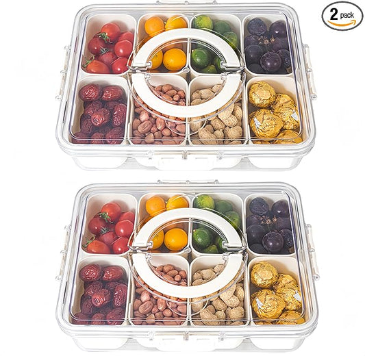 Divided Serving Tray with Lid and Handle - Divided Snack Tray for Portable Snack Platters - Clear Organizer for Candy, Fruits, Nuts, Snacks - Perfect for Party, Entertaining，2 pcs