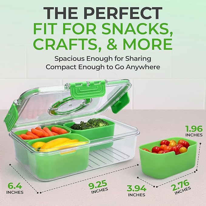 Snackle Box Container with Lid- Travel Charcuterie Box with Handle - Organizer for Candy, Fruit, Nuts, Veggies, Snacks, Beach Essentials, Portable Lunch Box (Green, Small)