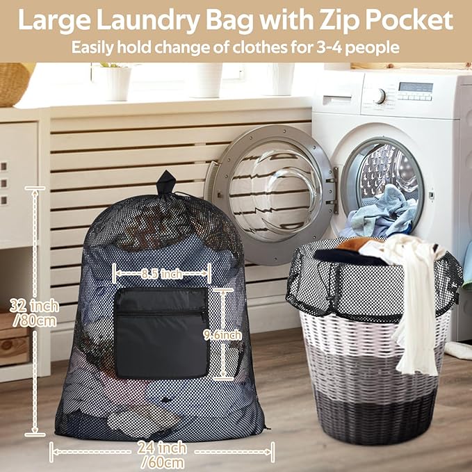 OTraki Mesh Laundry Bag Backpack 24x32 Inch Gym Drawstring Backpack Travel Dirty Clothes Bags with Pocket & Adjustable Shoulder Straps for Laundromat Home College Dorm Apartment (Black)