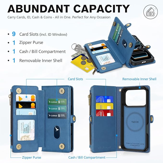 TUCCH Removable Crossbody Case Wallet for iPhone 17 Pro (6.3") 2025, Wireless Charging, RFID Blocking 9 Card Slots, Lanyard, Wrist Strap, Zipper Pocket, PU Leather, Stand Magnetic Cover, Light Blue