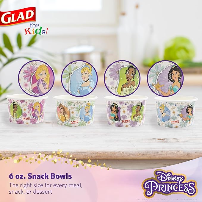 Glad for Kids Disney Princess Disposable Paper Snack Bowls, Lids Not Included, Floral Frames - Heavy Duty, Microwavable, Disposable Snack Cups with Lid for Soup or Ice Cream, 6 Oz, 20 Count