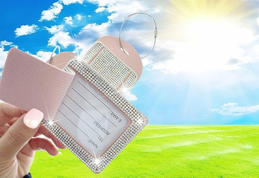 Pink Luggage Tags for Women's Suitcases Cute Bling Diamond Laether Travel Tags for Cruise and Travel Essentials-2 Packs