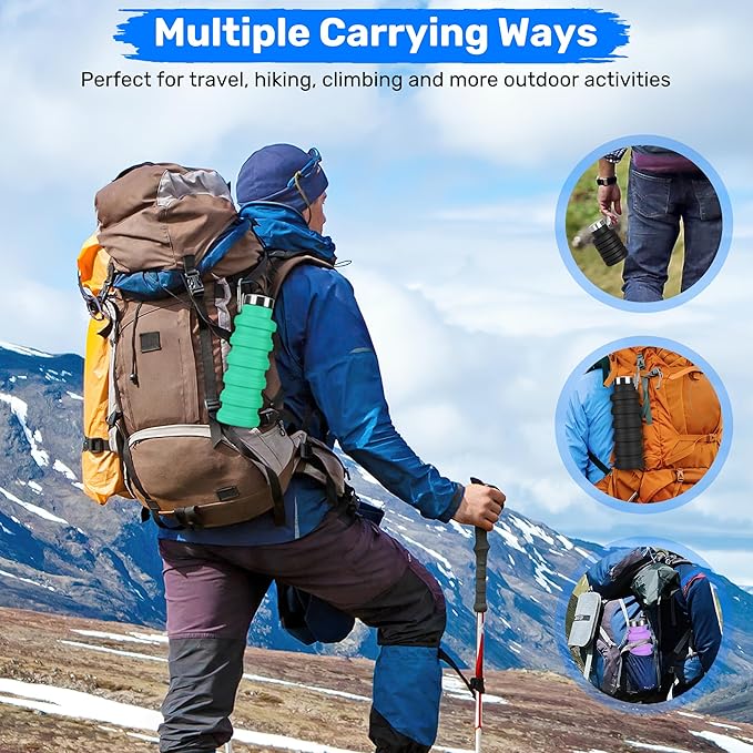 Collapsible Water Bottle, 16oz Portable Reusable Silicone Water Bottle, BPA-Free Leak-Proof Foldable Design with Carabiner, Lightweight Durable for Gym, Travel, Camping, Hiking, Sports(Black+ Gray)