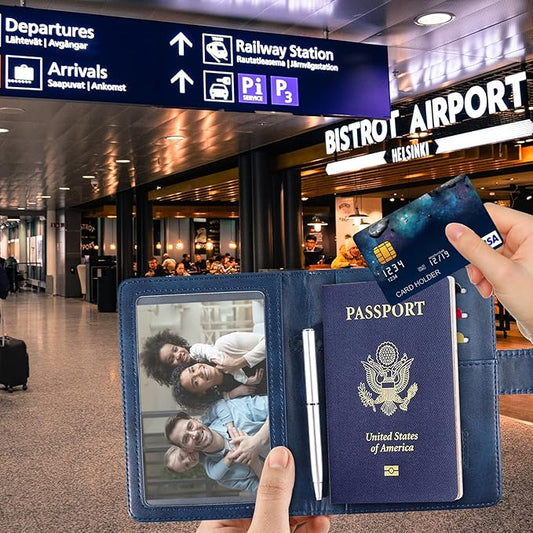 RSAquar Passport Holder for Women and Men, Premium PU Leather Travel Passport Wallet RFID Blocking Passport Cover Travel Documents Organizer with Pen Holder, Blue
