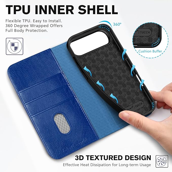 TUCCH Wallet Case for iPhone Air (6.5") 2025, 3 Credit Card Holders, RFID Blocking, Stand, PU Leather, Shockproof TPU Interior Shell, Protective Flip Folio Cover, Klein Blue