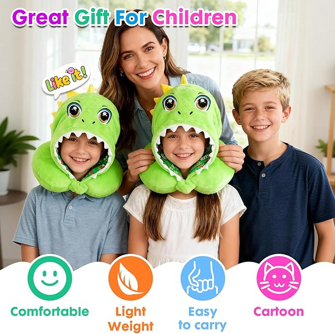 Travel Neck Pillow with Hood for Kids Adult Cute Soft Plush Memory Foam Airplane Neck Pillow for Traveling Animal Flight Pillow Head Rest Neck Support for Cars Long Flights