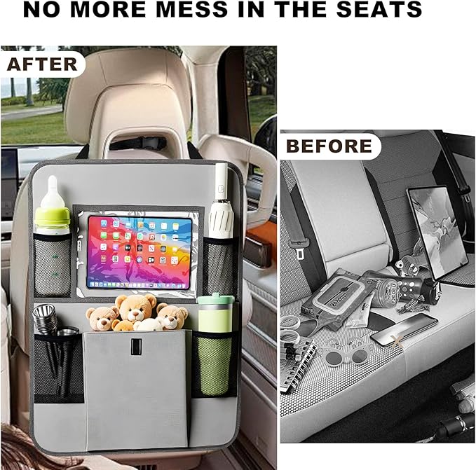 Car Backseat Organizer with Tablet Holder, 6 Storage Pockets Seat Back Protectors Kick Mats for Kids, Car Seat Protector for Road Trips 2 Pack (Grey)
