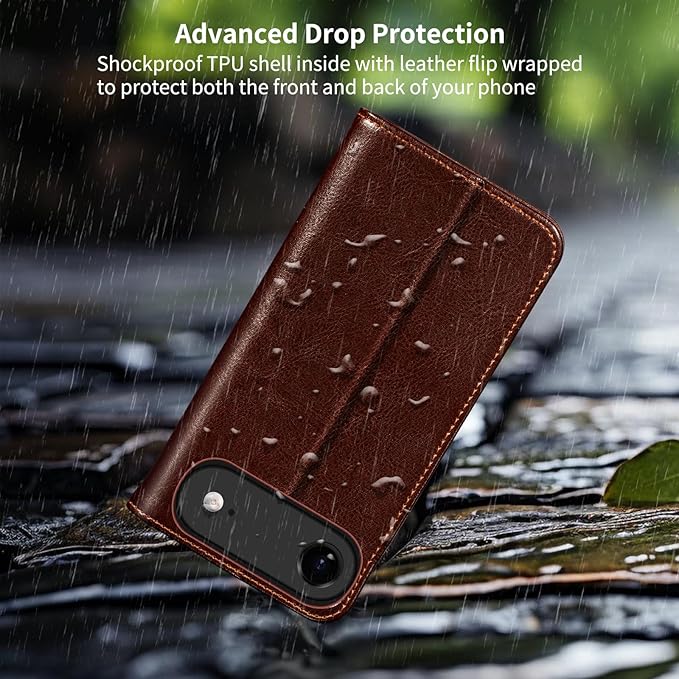 Belemay Genuine Leather Wallet Case for iPhone 17 Air, Premium Cowhide Leather Two-Tone Effect, RFID Blocking Card Holders, Shockproof TPU Shell, Kickstand, Flip Cover for iPhone Air 2025 6.5", Brown
