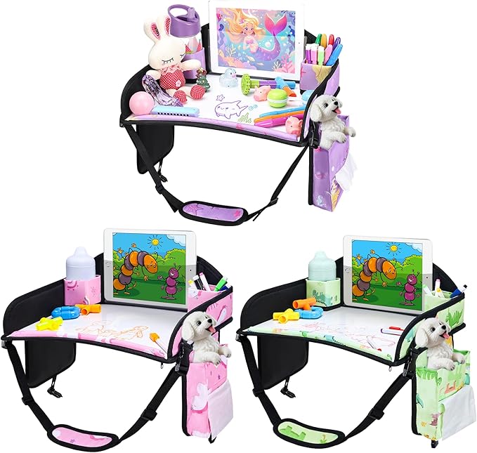 WENRENER 3PCS Kids Travel Tray for Airplane - Toddler Car Seat Table Tray, Road Trip Essentials for Boys & Girls, Carseat Lap Desk for Kids Road Trip Activities (Pink/Green-/Purple)