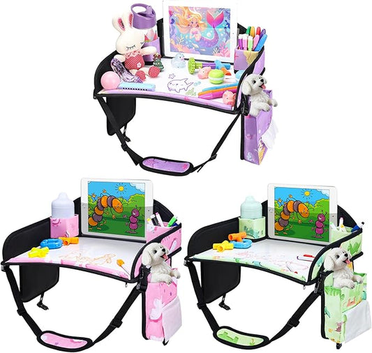 WENRENER 3PCS Kids Travel Tray for Airplane - Toddler Car Seat Table Tray, Road Trip Essentials for Boys & Girls, Carseat Lap Desk for Kids Road Trip Activities (Pink/Green-/Purple)