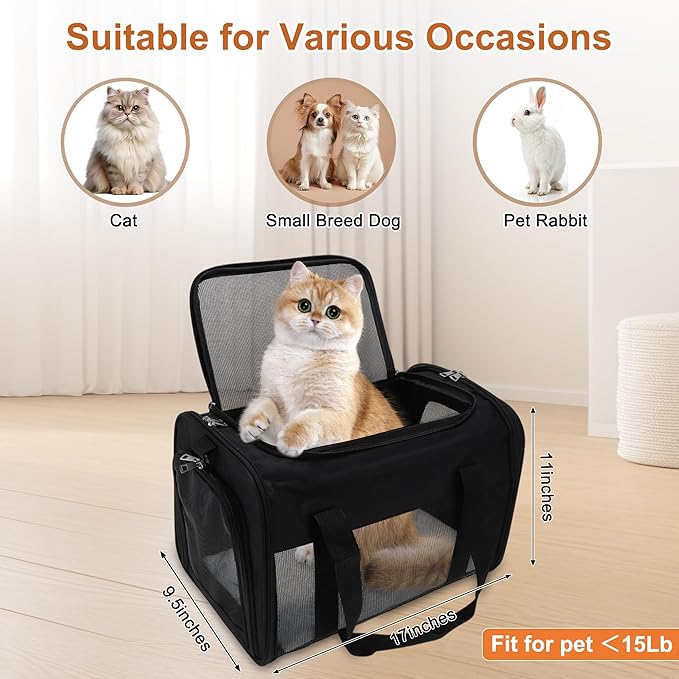 Pet Carrier, Breathable Mesh Design, Soft Cat Carrier with Shoulder Strap, Comfortable Travel Solution, Black