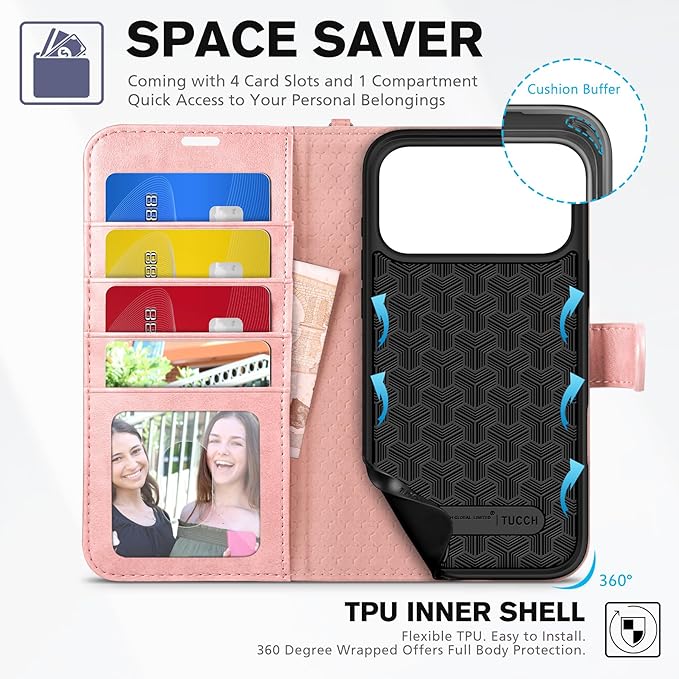 TUCCH Wallet Case for iPhone 17 Pro Max (6.9") 2025, Wrist Strap | 4 Card Slots | RFID Blocking | Stand | Shockproof TPU Shell | PU Leather | Magnetic | Protective Flip Cover | Rose Gold