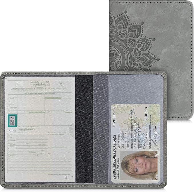 kwmobile Registration and Insurance Holder - Car Document Holder for Vehicle Documents and Cards - PU Leather with Design - Grey