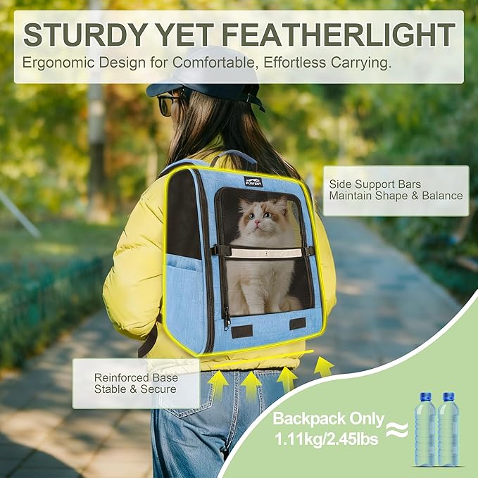 Cat Backpack Carrier with Ventilation Mesh and Safety Leash, Lightweight Dog Travel Backpack with Pockets, Reflective Strip, and Removable Mat,Hiking and Outdoor Use,Blue