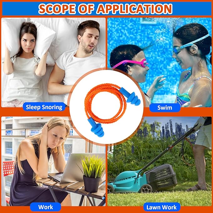 Xuhal 200 Pairs Corded Ear Plugs Silicone Earplugs with Cord Individually Wrapped Reusable Earplugs Sleep Noise Cancelling Hearing Protection for Snoring Shooting Studying Construction (Blue)