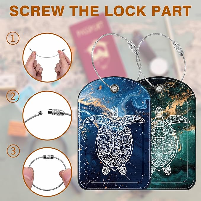2 Pack Luggage Tag for Suitcase Liquid Marble and Turtle Leather Suitcase Tags with Privacy Name ID Label and Stainless Steel Loop for Travel Bag