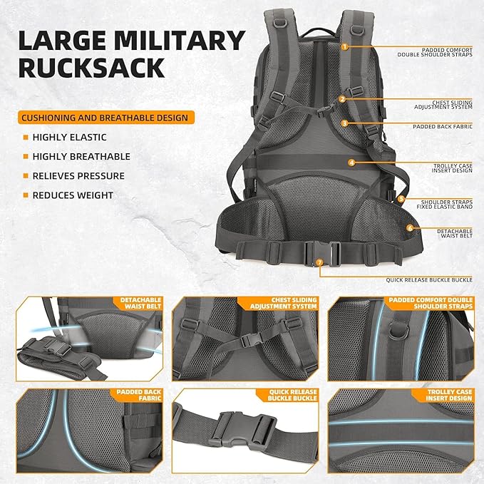 HongXingHai 50L Military Tactical Backpack 3 Day Assault Pack Molle Daypack Hiking Backpack for Men and Women (Gray)