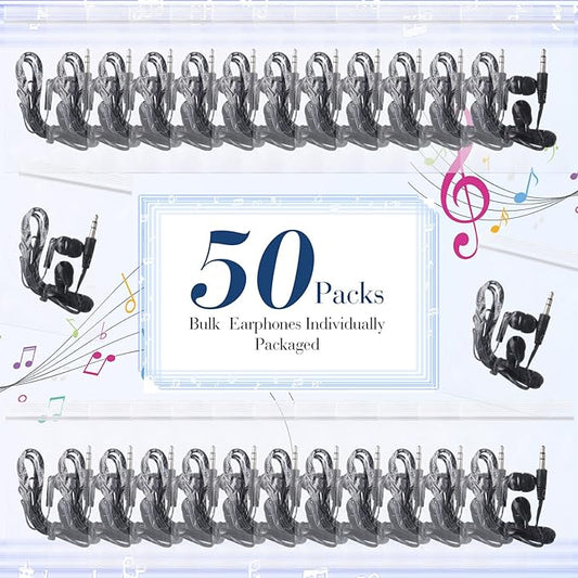 Kanayu 50 Pack Wired Earbuds Bulk for Classroom Ear Headphones Wired Basic Student Earbuds No Microphone with 3.5MM Jack for Class Laptop School Library, Individually Bagged (Black)