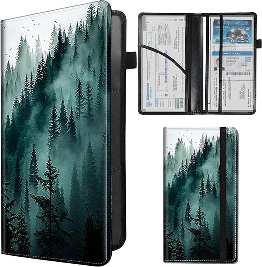 Car Registration and Insurance Holder,Leather Insurance License and Registration Card Holder for Car Glove Box, Auto Truck Document Holder Organizer for Men Women-Forest Trees in Fog