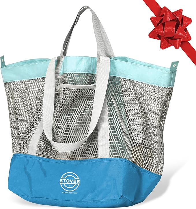 STOVER Large Mesh Beach Bag, Vacation, Pool, Shopping, & Travel Tote - Foldable w/Storage Pockets for Women, Men & Families