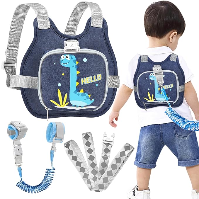 Accmor Toddler Harness Leash+ Reflective Anti Lost Wrist Link, Cute Dinosaur Kids Harness with Leash, Collapsible Child Harness Baby Leash Walking Wristband Protector Belt for Boys Girls Outdoor