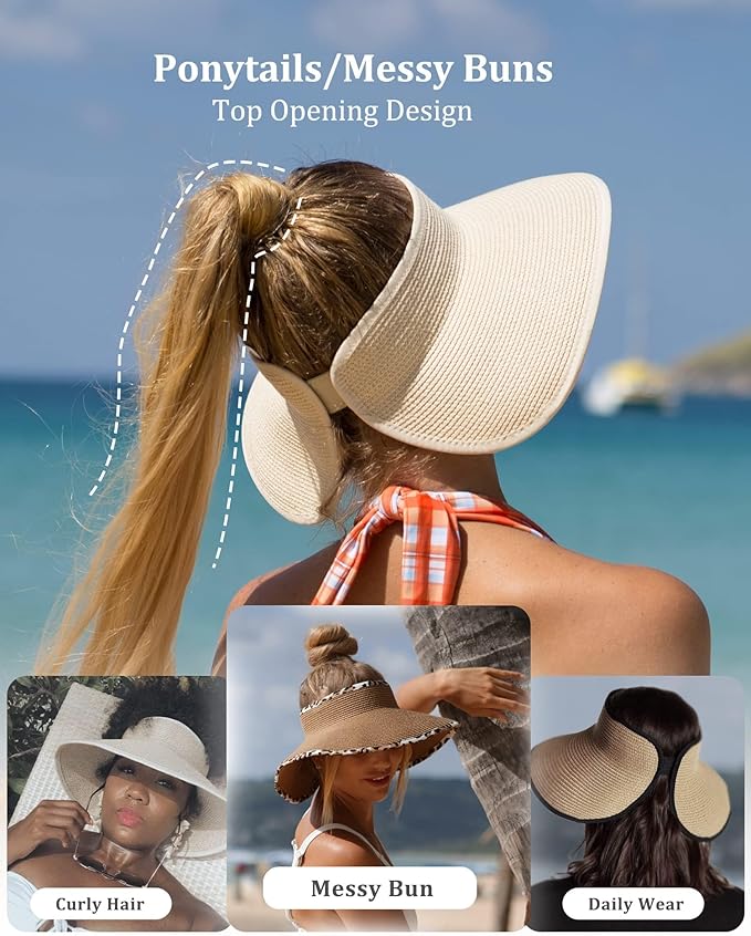 FURTALK Sun Hats for Women Wide Brim Beach Hat Straw Visor Ponytail Summer UV Packable Foldable Beach Vacation Essentials