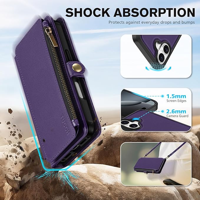 TUCCH Removable Crossbody Wallet Case for iPhone 17 (6.3"), 9 Card Holders RFID Blocking, Lanyard, Wrist Strap, Wireless Charging, Stand, Zipper Pocket, PU Leather, Magnetic Flip Cover, Deep Purple