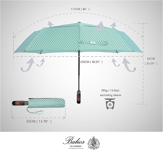 Balios Travel Folding Umbrella with Real Wood Handle Auto Open Close Vented Windproof Canopy - Designed in UK