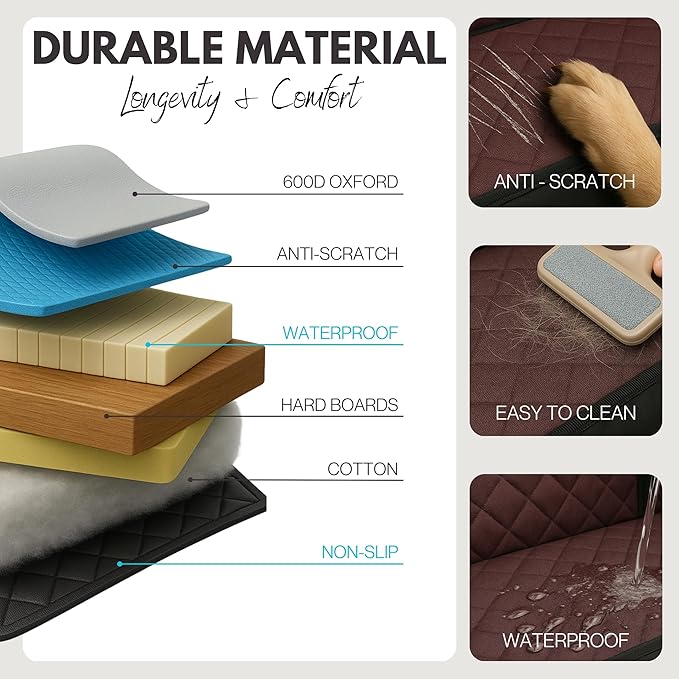 Premium Dog Back Seat Extender | Supports 400 lbs | Waterproof Hard Bottom & Non-Slip Design | Pet Seat Cover with Mesh Window & Storage Pocket | Fits Cars, SUVs & Truck (Brown)