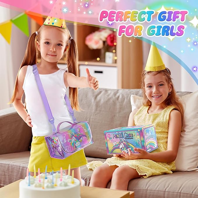 beefunni Unicorn Markers Set for Kids, Arts Supplies 67 pcs with Glitte Pencil Case and Strap, Birthday Gift for Girls 4 5 6 7 8 Years Old, Arts and Crafts Coloring Set for Kids 4-8