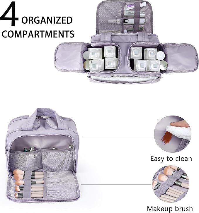 Travel Toiletry Bag for Women, Large Wide-open Puffy Cosmetic Makeup Bag with Wet-Dry Separation, Multi-Pocket Organizer with Carry Handle for Toiletries, Cosmetics, Essentials, Light Purple