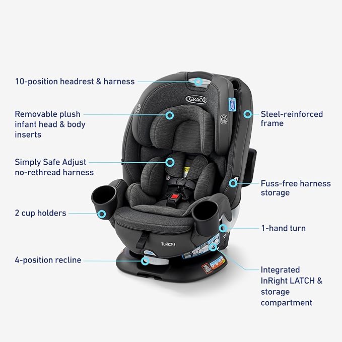 Graco Turn2Me 3-in-1 Rotating Convertible Car Seat, Manchester, Rear-Facing Rotation, Forward-Facing Mode, Highback Booster Up to 100 lbs, Adjustable Headrest & Harness, Steel Reinforced Frame