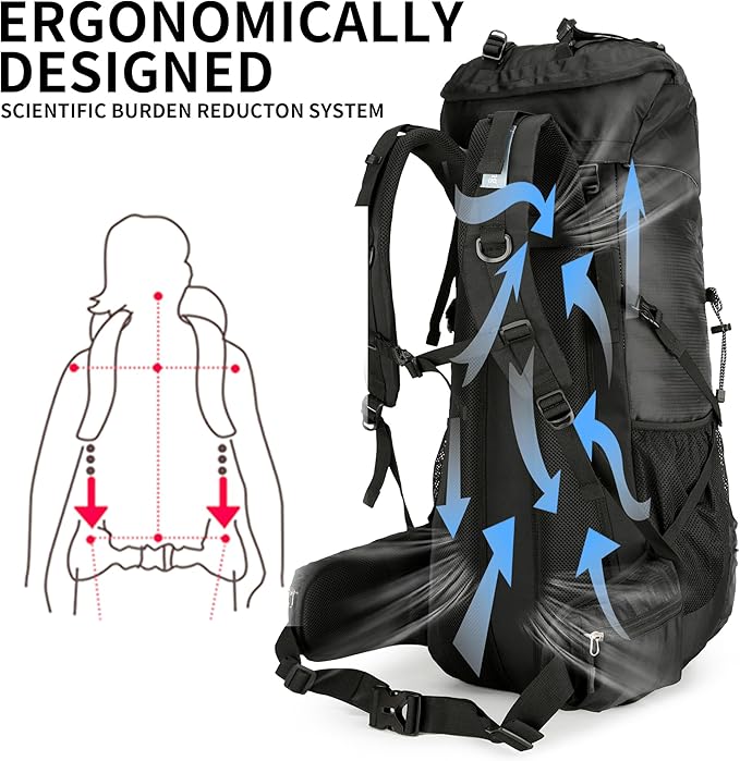 Hiking Backpack for Men and Women 70L+5L Waterproof Lightweight Camping Daypack with Rain Cover - Frameless (black-b)
