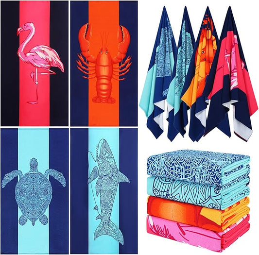 4 Packs Oversized Thin Beach Towel Set XL Extra Large Big 36 x 72 in Clearance Swim Travel Towels Soft Blanket for Adult Women Men Chair Cover Accessories Essentials Sharks Turtles Flamingos Lobsters