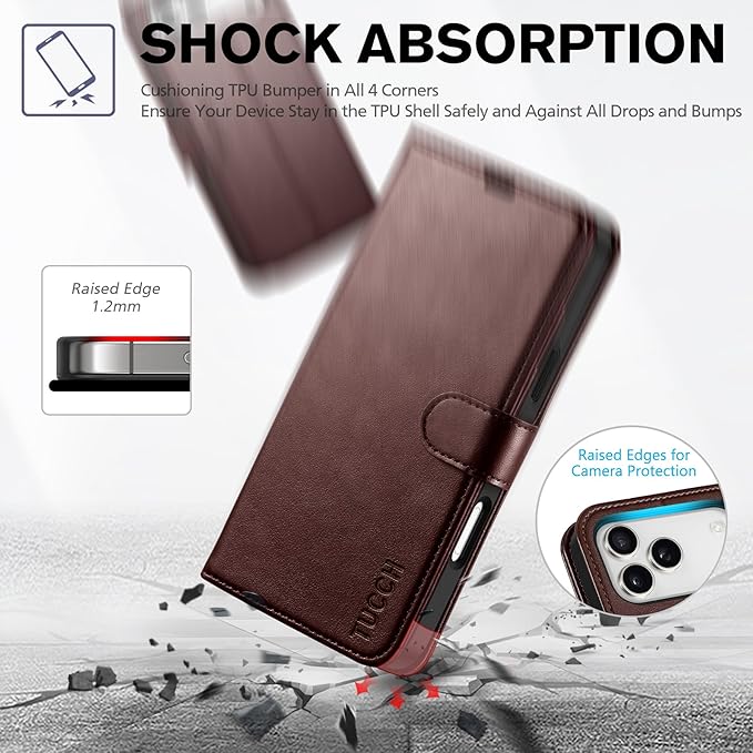 TUCCH Wallet Case for iPhone 17 Pro Max (6.9-Inch) 2025, 4 Card Holders, RFID Blocking, Stand, Shockproof TPU Shell, PU Leather, Magnetic Closure, Protective Folio Cover, Chocolate Brown