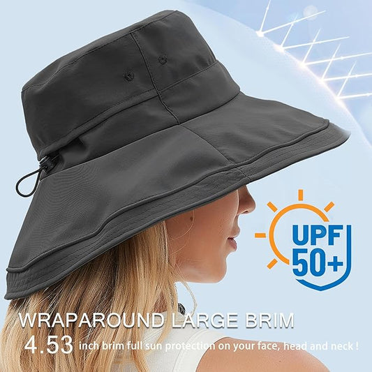 Sun Hats for Women Men UV Protection Wide Brim Bucket Hat with Ponytail Hole Waterproof Gardening Fold-Up Summer Cap
