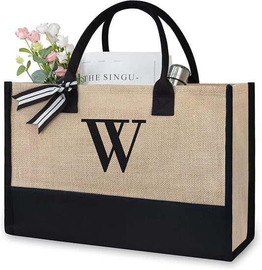 TOPDesign Personalized Initial Canvas Beach Bag, Monogrammed Gift Tote Bag for Women