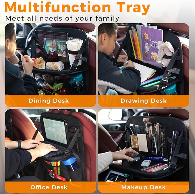 Backseat Car Organizer with Tray, 9 Storage Pockets Back Seat Protector with Foldable Tablet Holder, Waterproof Back of Seat Kick Mats for Kids Adult, Road Trip Essentials Travel 2 Pack, Black
