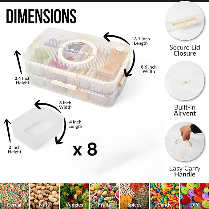 Snap and Stow Dishwasher Safe, Stackable,Snackle Box, Divided Snack Box Bowls, Charcuterie Tray with Lid, Veggie Containers with Lids, Reusable BPA Free Plastic (Transparent) (1 Tier 8 Compartments)