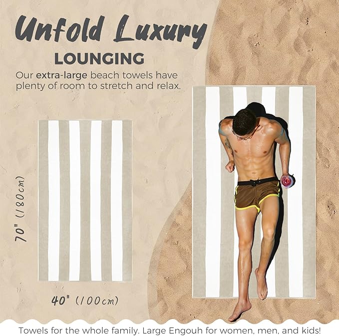 Cotton Oversized Beach Towel - 40 x70 Inch Extra Large Striped Pool Towel, Big Soft Terry Cloth Beige Cabana Swim Towel
