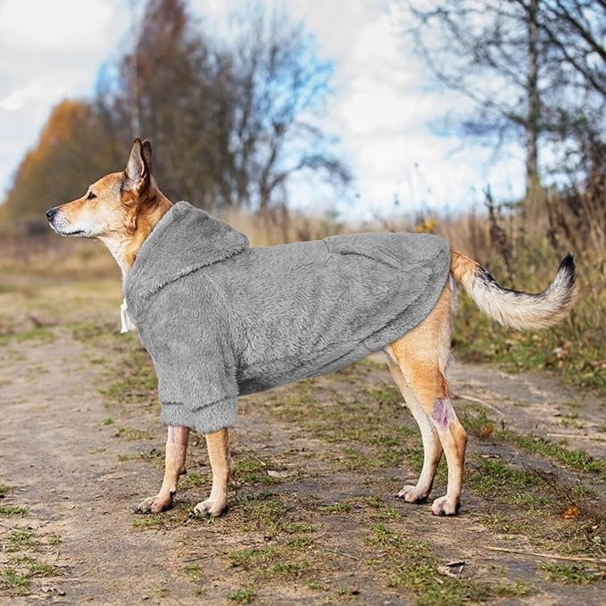 Dog Sweaters for Large Dogs,Dog Hoodie,Warm Fuzzy Fleece Sweatshirt with Hood & Pocket,Leash Hole,Cozy Cold Weather Pet Clothes Sweater Hoodie for Large Dogs(Grey,2XL)