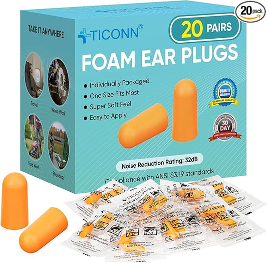 TICONN 20 Pairs Ear Plugs, 32dB Noise Reduction Earplugs for Sleeping Hearing Protection Travel Study Concentration Construction Site (20 Pairs)