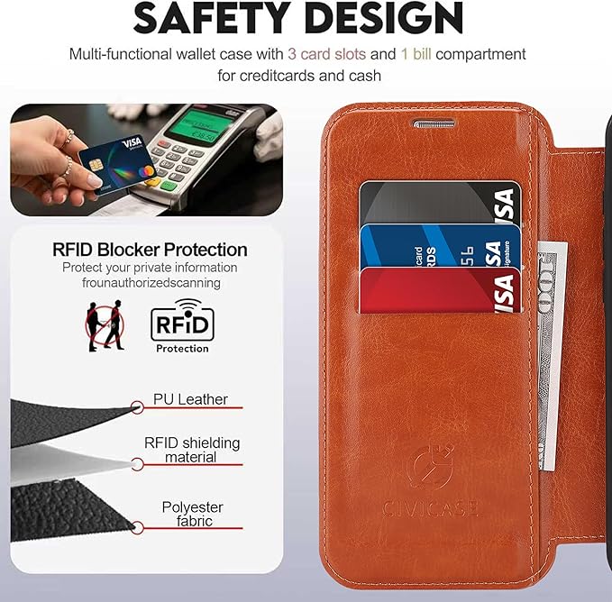 CIVICASE for iPhone 14 Pro Max Wallet Case with Stand,PU Leather Flip Credit Card Holder Slots (RFID Blocking),Compatible with Magsafe Magnetic Holder Phone Cover Women Men,Brown