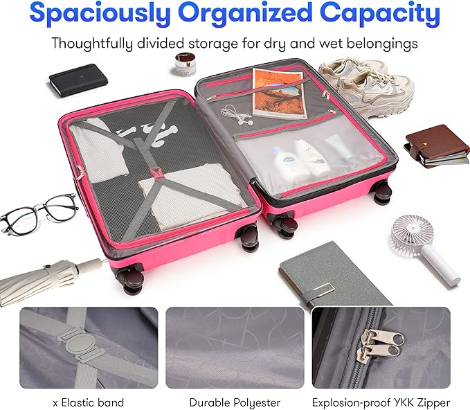 GinzaTravel 25 Inch Hardside Checked Luggage Large Lightweight Suitcase with Spinner Wheels TSA Lock, Checked-Medium 25-Inch, Dark Pink