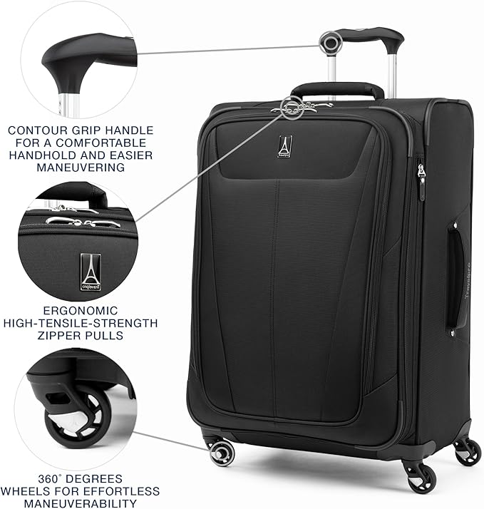 Travelpro Maxlite 5 Softside Expandable Checked Luggage with Spinner Wheels, Lightweight, 25-Inch — Black