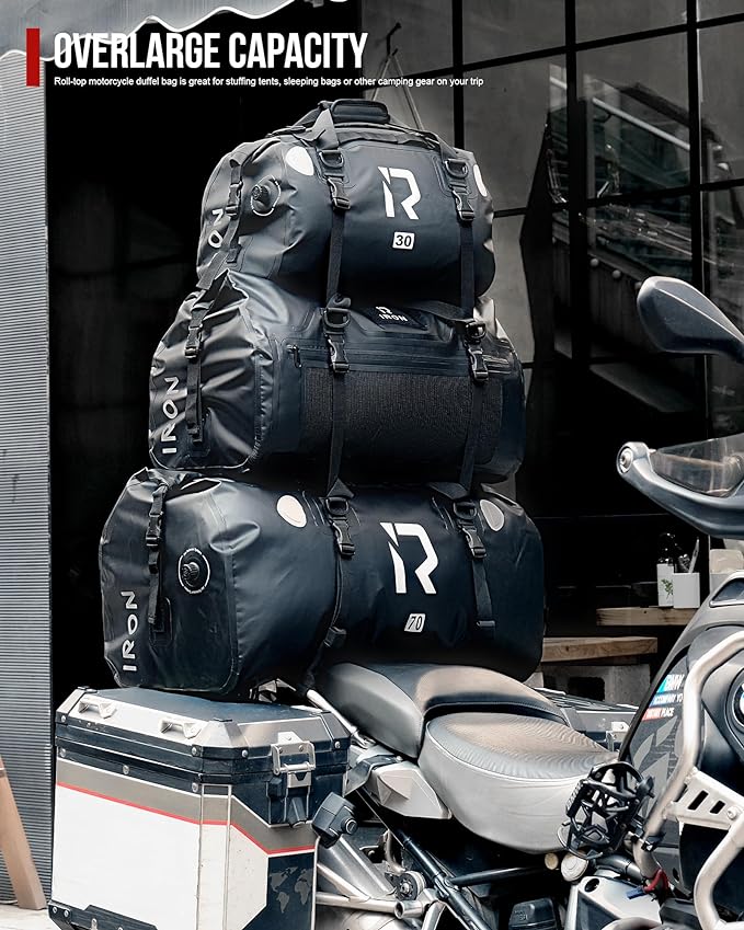 BORLENI Waterproof Motorcycle Dry Duffel Bag Luggage Tail Bag with Large Storage Space,Roll Top Closure, Shoulder Straps, Inner Pocket and Mesh Pocket for Motorcycling Travel Camping (Black,30L)