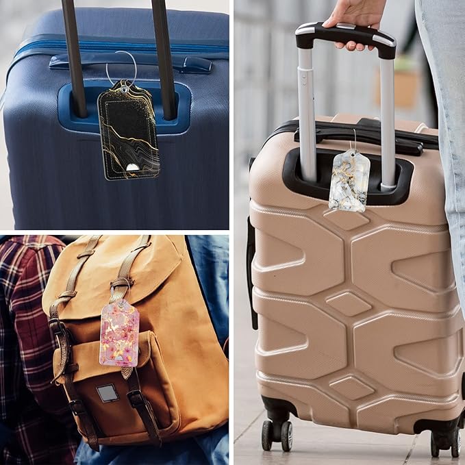 Rimilak 3 Pcs PU Leather Luggage Tags for Suitcase, Travel Cruise Luggage Tag with Privacy Flap, Name ID Label and Metal Loop for Women Men Baggage Handbag School Bag Backpack, Gold Marble