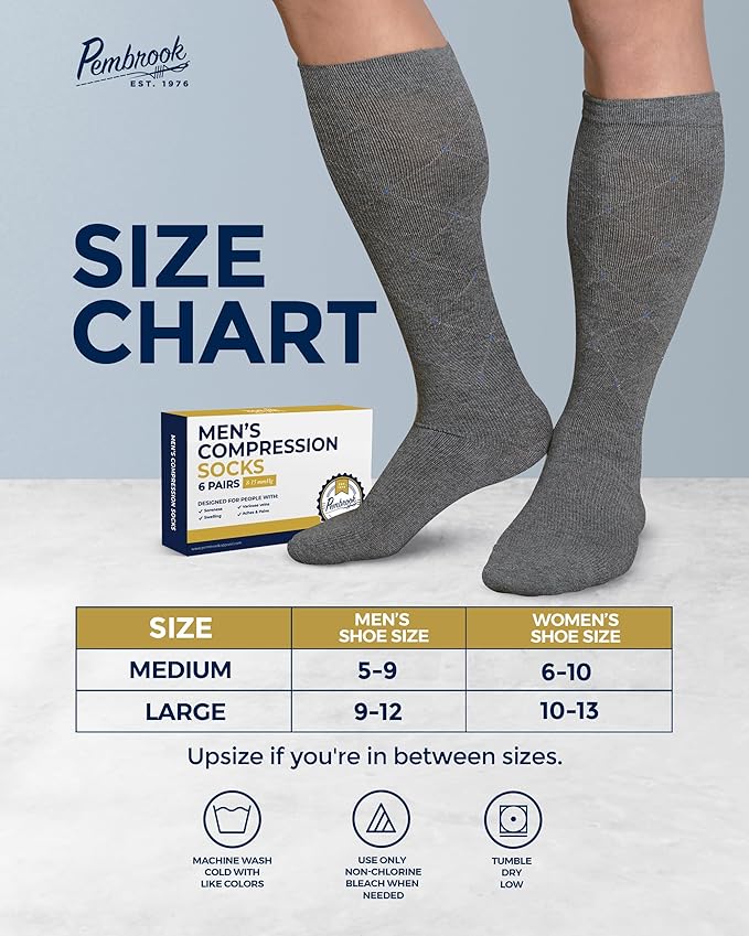 Pembrook Light Compression Socks for Men - 6 Pairs | 8-15 mmHg Graduated Compression Socks for Men 9-12 | Support Socks